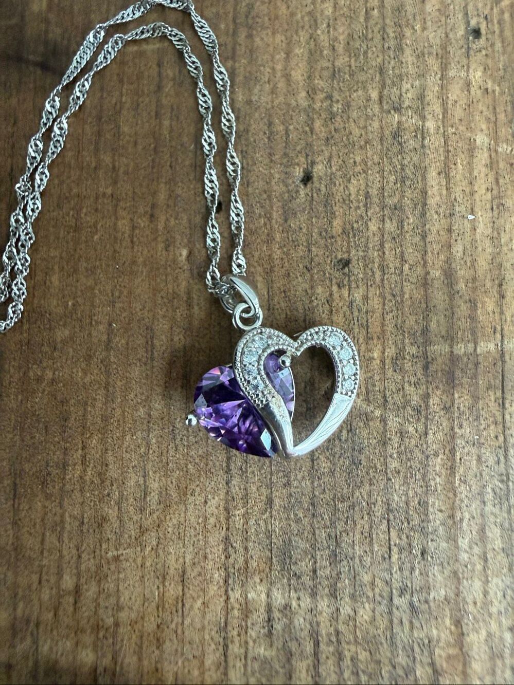 Jeulia 925 Silver Double Heart Pendant Necklace Amethyst CZ Stone Pendant
